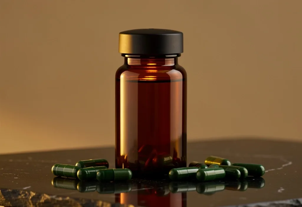 Amber supplement bottle with capsules