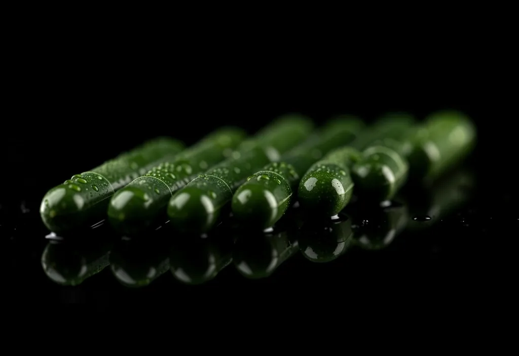 Green botanical capsules on reflective surface
